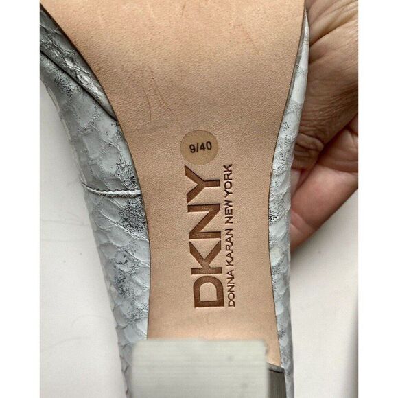 DKNY Coletta Silver Metallic Platform Heels Snakeskin Leather NWOB Size 9 - Picture 10 of 13